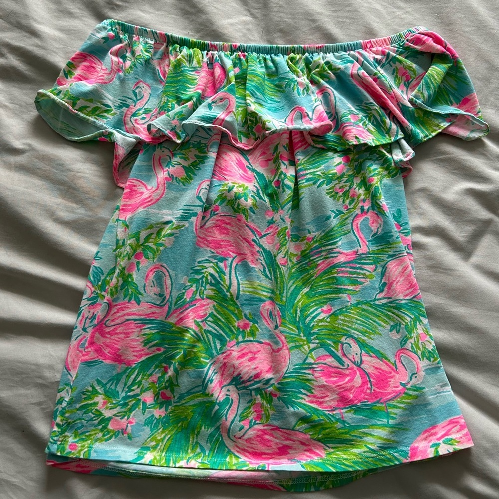 Lilly Pulitzer La Fortuna Off The Shoulder Flamingo Print Ruffle Top - Picture 5 of 9